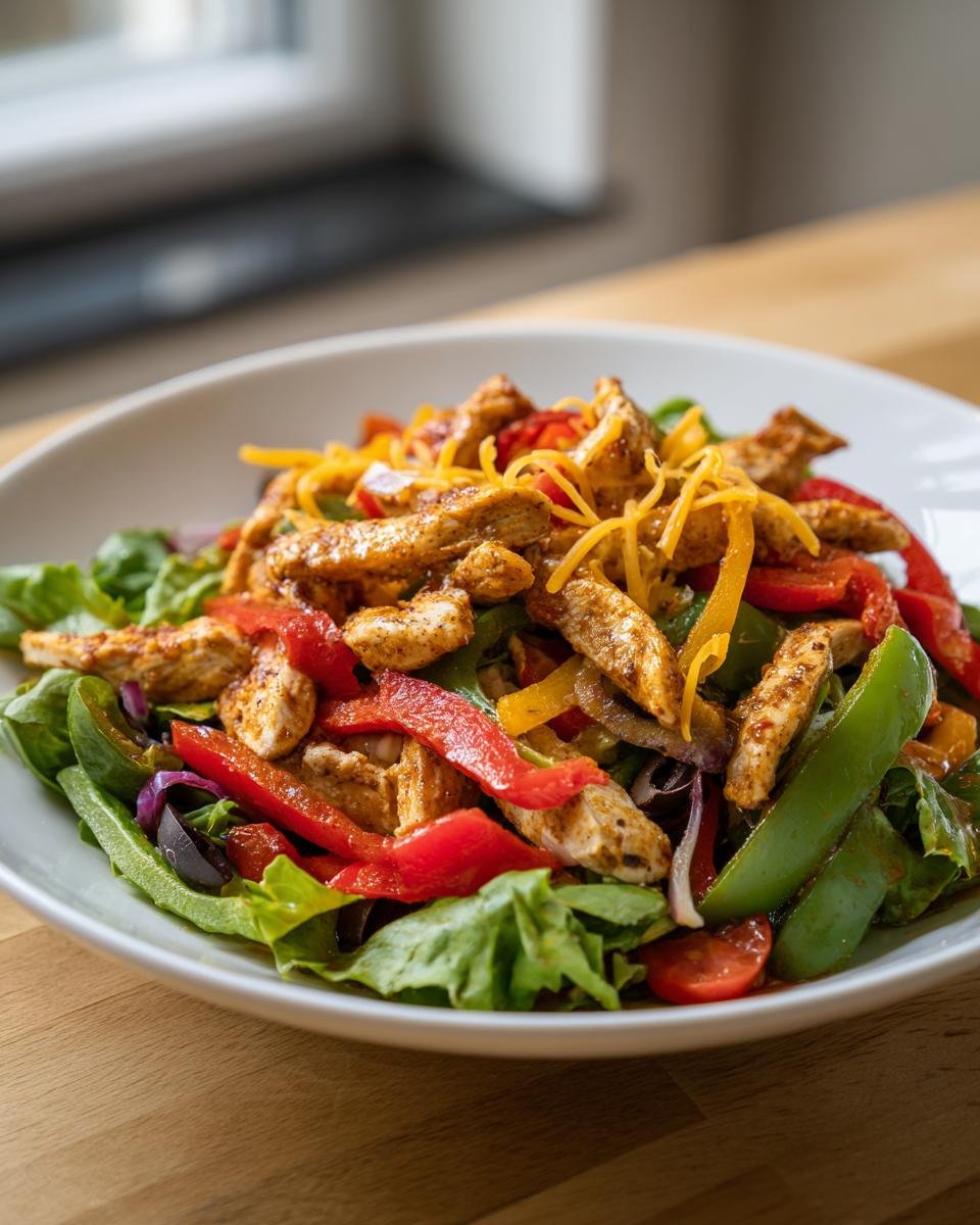 Close-up of a bowl featuring a Tasty Chicken Fajita Salad with seasoned chicken strips, colorful bell peppers, and shredded cheese.