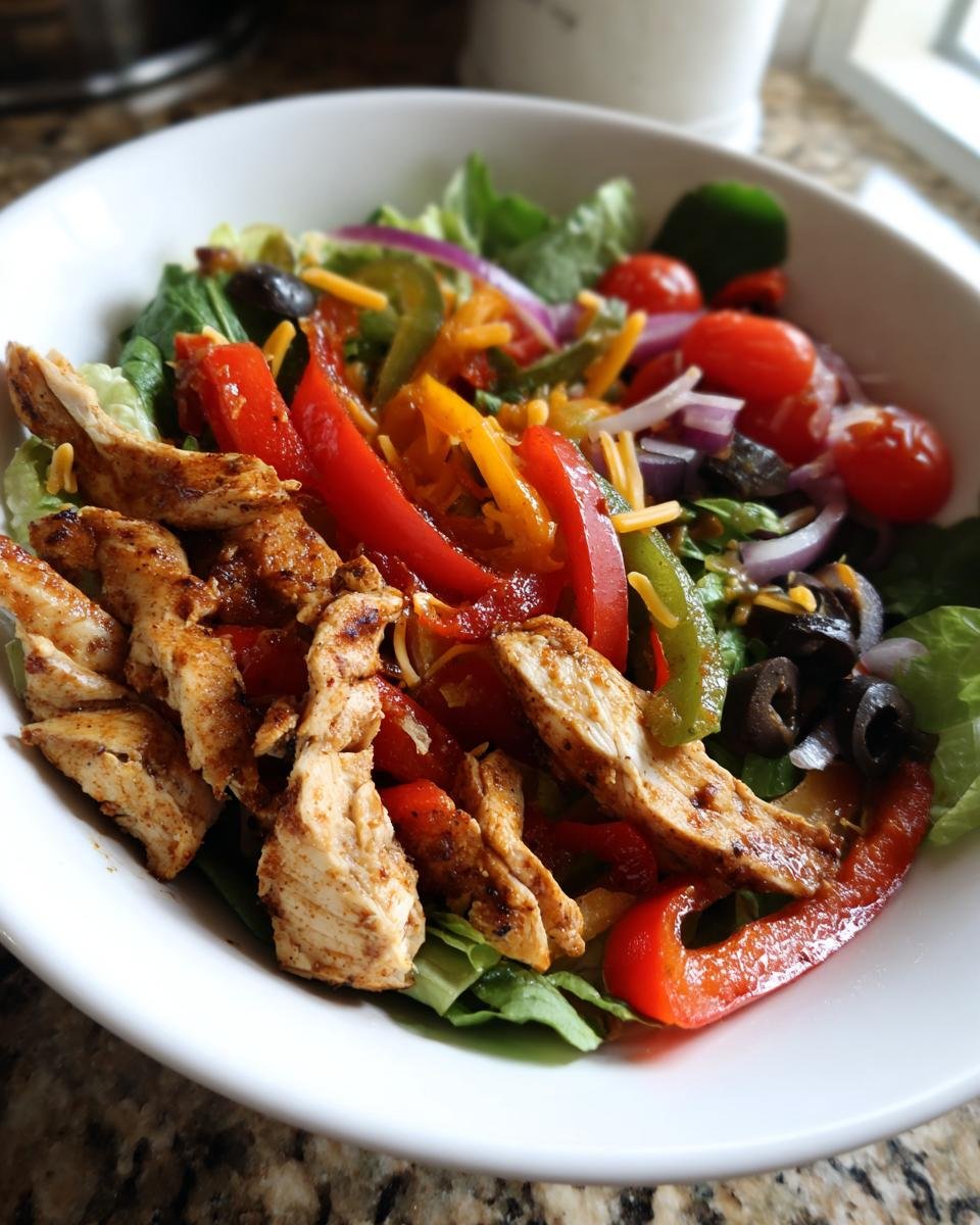 Close-up of a bowl filled with a Tasty Chicken Fajita Salad featuring seasoned chicken strips, bell peppers, and lettuce.