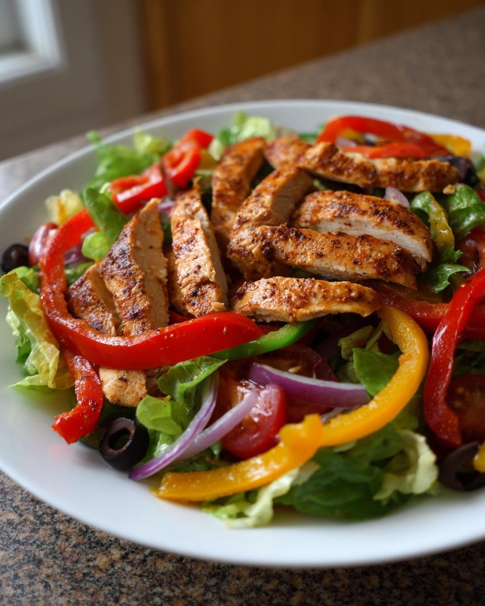 A close-up of a bowl featuring a Tasty Chicken Fajita Salad topped with sliced, seasoned chicken breast and colorful bell peppers.