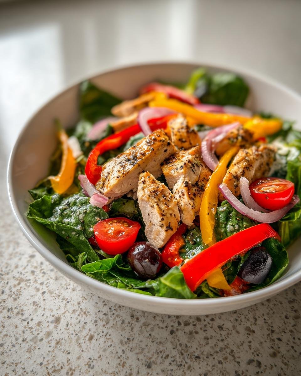 Close-up of a Tasty Chicken Fajita Salad Recipe featuring sliced grilled chicken, bell peppers, red onion, tomatoes, and olives over greens.