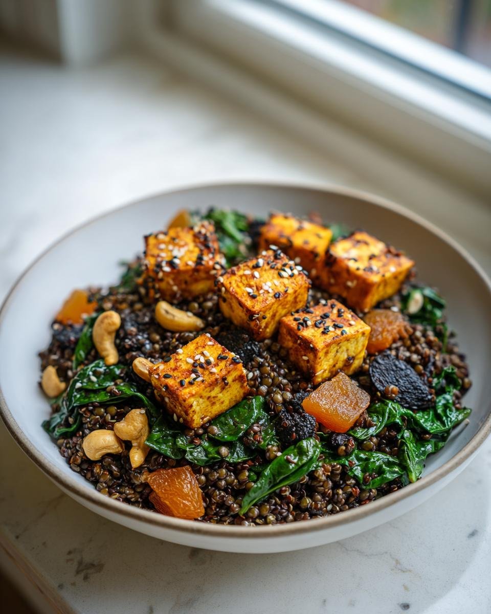 Close-up of a bowl featuring seasoned tofu cubes over lentils, spinach, and cashews, a great example of plant based foods loaded with iron.