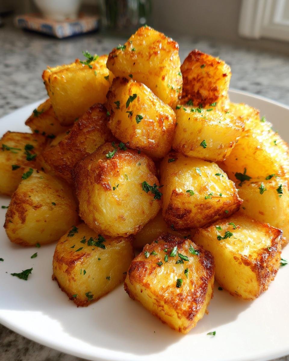 A mound of golden, crispy Twice Cooked Potatoes garnished with fresh parsley on a white plate.