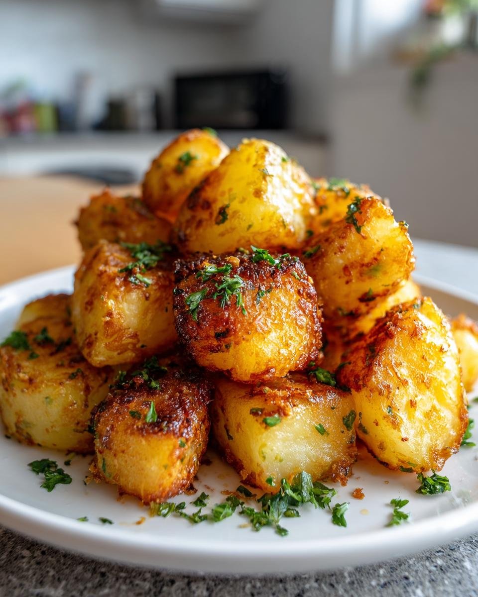 A stack of golden, crispy Twice Cooked Potatoes garnished with fresh parsley on a white plate.