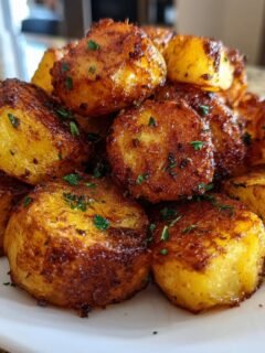 A mound of golden brown, crispy Twice Cooked Potatoes seasoned and garnished with parsley.