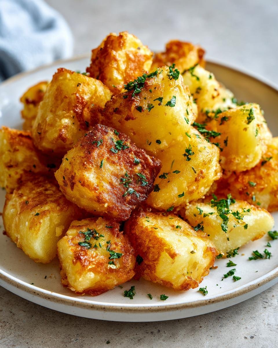 A plate piled high with golden brown, crispy Twice Cooked Potatoes garnished with fresh parsley.