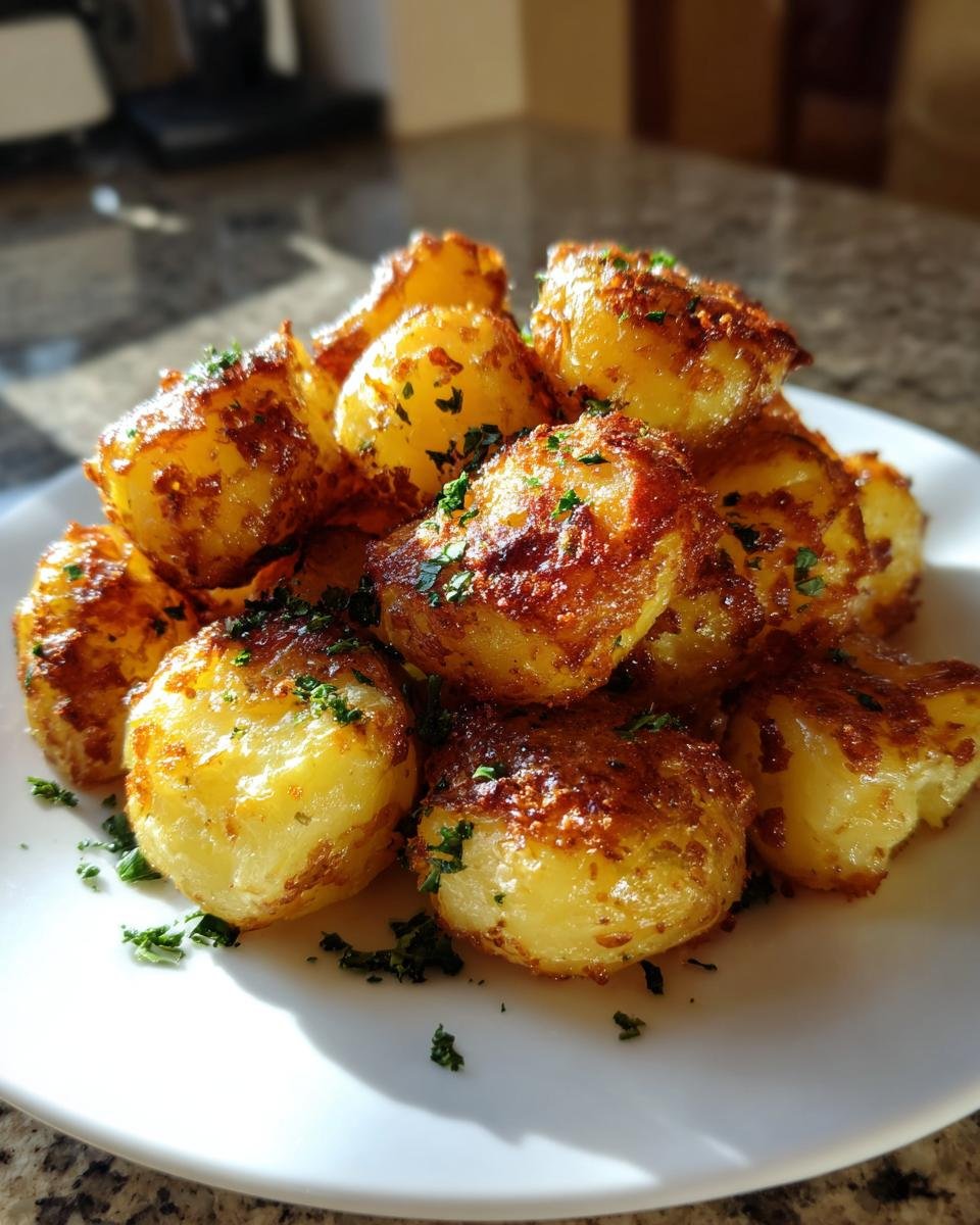 A pile of golden brown, crispy Twice Cooked Potatoes garnished with fresh parsley on a white plate.