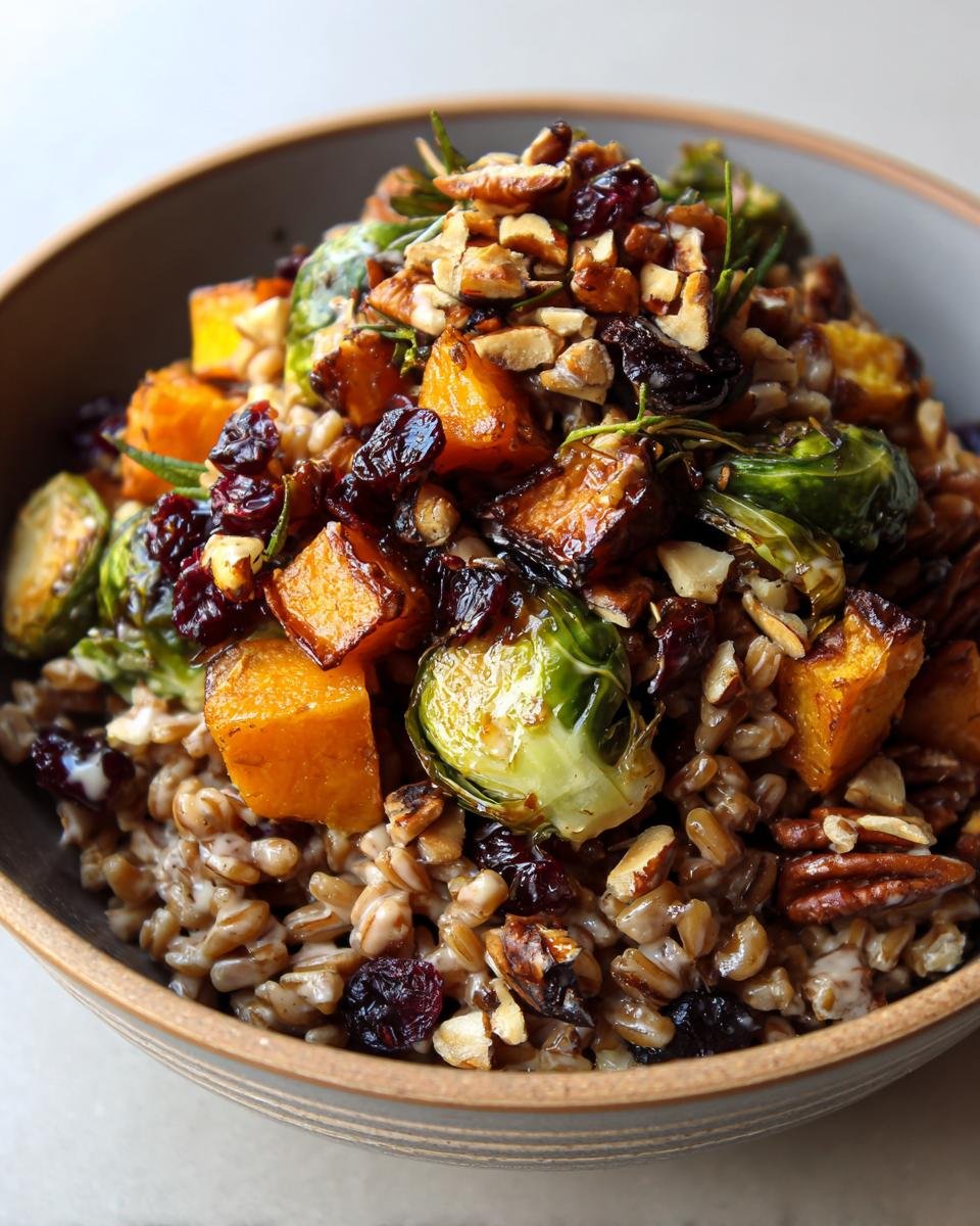 Close-up of a Vegan Fall Harvest Farro Bowl featuring farro, roasted butternut squash, Brussels sprouts, nuts, and dried cranberries.