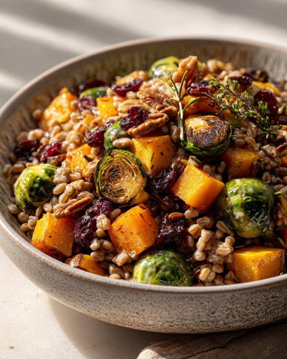 A close-up of a hearty Vegan Fall Harvest Farro Bowl featuring roasted butternut squash, Brussels sprouts, pecans, and cranberries.