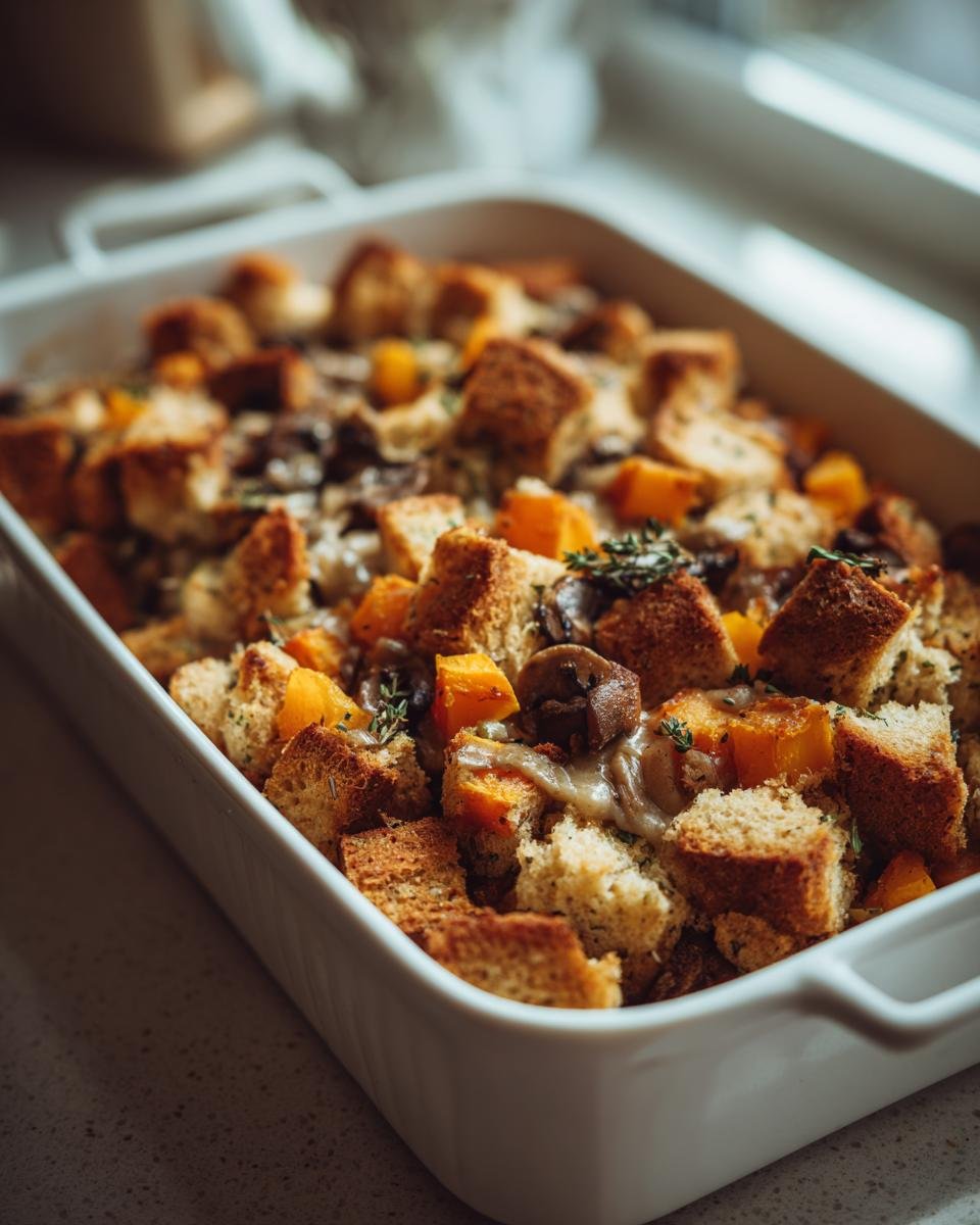 Close-up of savory vegan stuffing with croutons, butternut squash, and mushrooms for a perfect Vegan Friendsgiving.