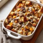 A white casserole dish filled with vegan stuffing featuring toasted bread cubes, mushrooms, and squash, topped with creamy sauce.