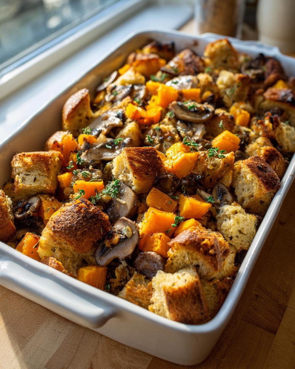 A close-up of savory vegan stuffing with toasted bread cubes, butternut squash, and mushrooms, perfect for How To Host The Perfect Vegan Friendsgiving.