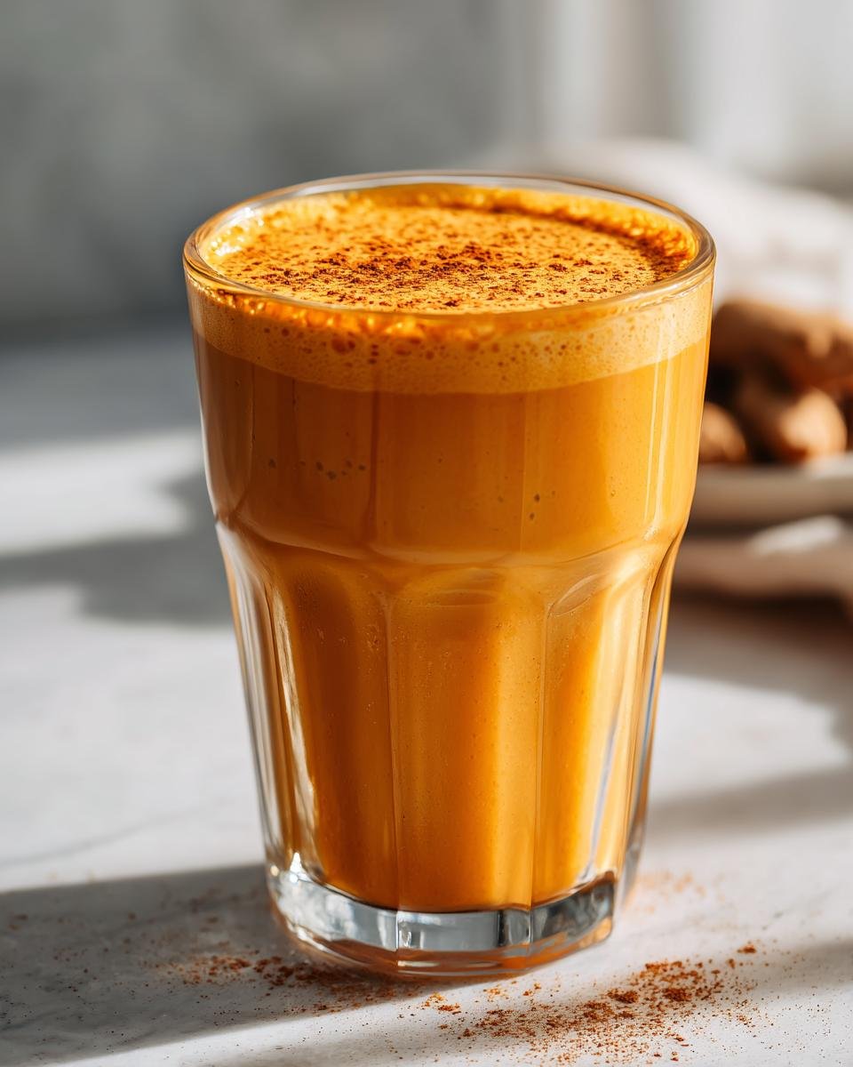 Close-up of a vibrant orange, frothy Best Autumn Smoothie Recipe topped with spice dust in a clear glass.