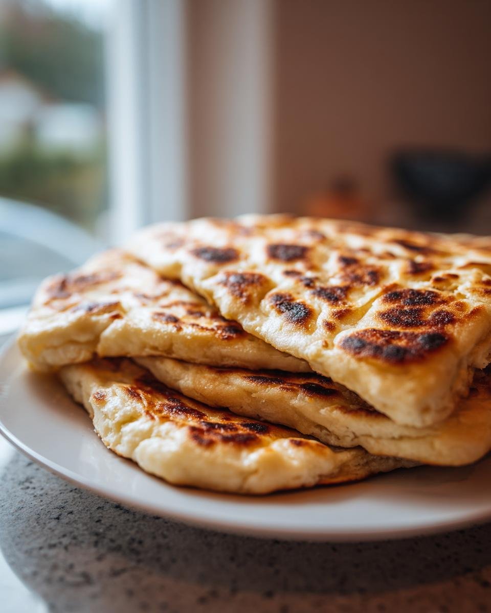 A stack of golden-brown, slightly charred Viral Cottage Cheese Flatbread resting on a white plate.