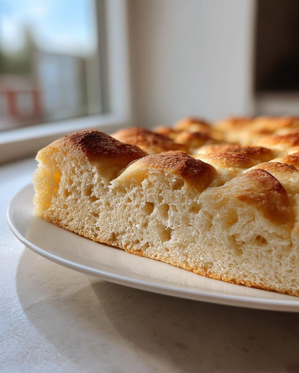 Close-up of the airy, fluffy interior texture of the viral Cottage Cheese Flatbread slice on a white plate.
