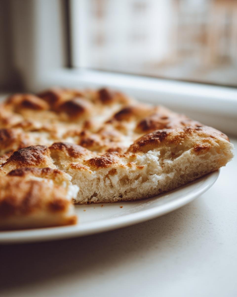 A close-up, cross-section view showing the fluffy interior of the viral cottage cheese flatbread on a white plate.