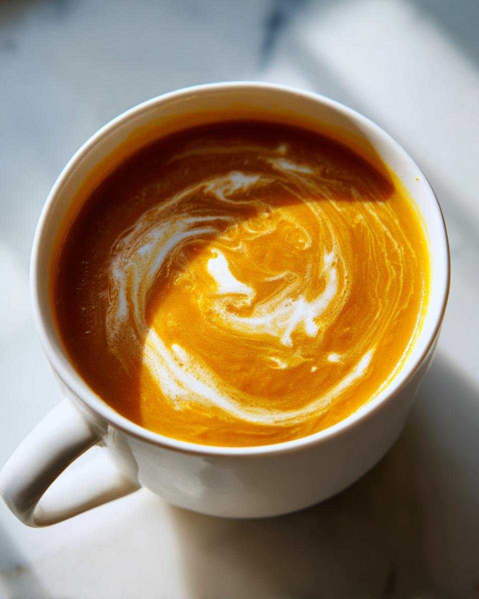 Overhead view of a mug of warm, creamy orange soup, likely squash or pumpkin, swirled with cream, perfect for 30 Best Warm Cozy Fall Recipes.