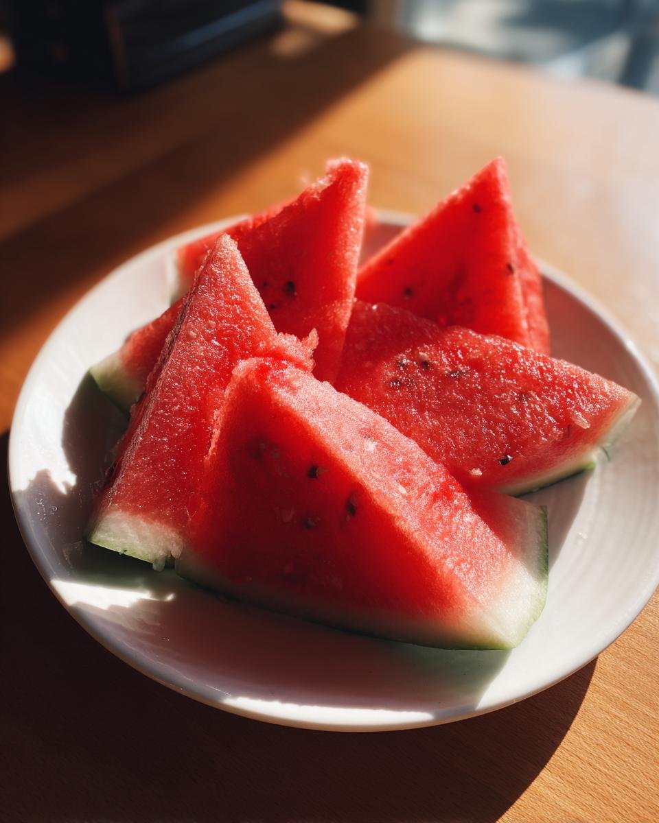 Several bright red, triangular slices of juicy watermelon with visible black seeds resting on a white plate.
