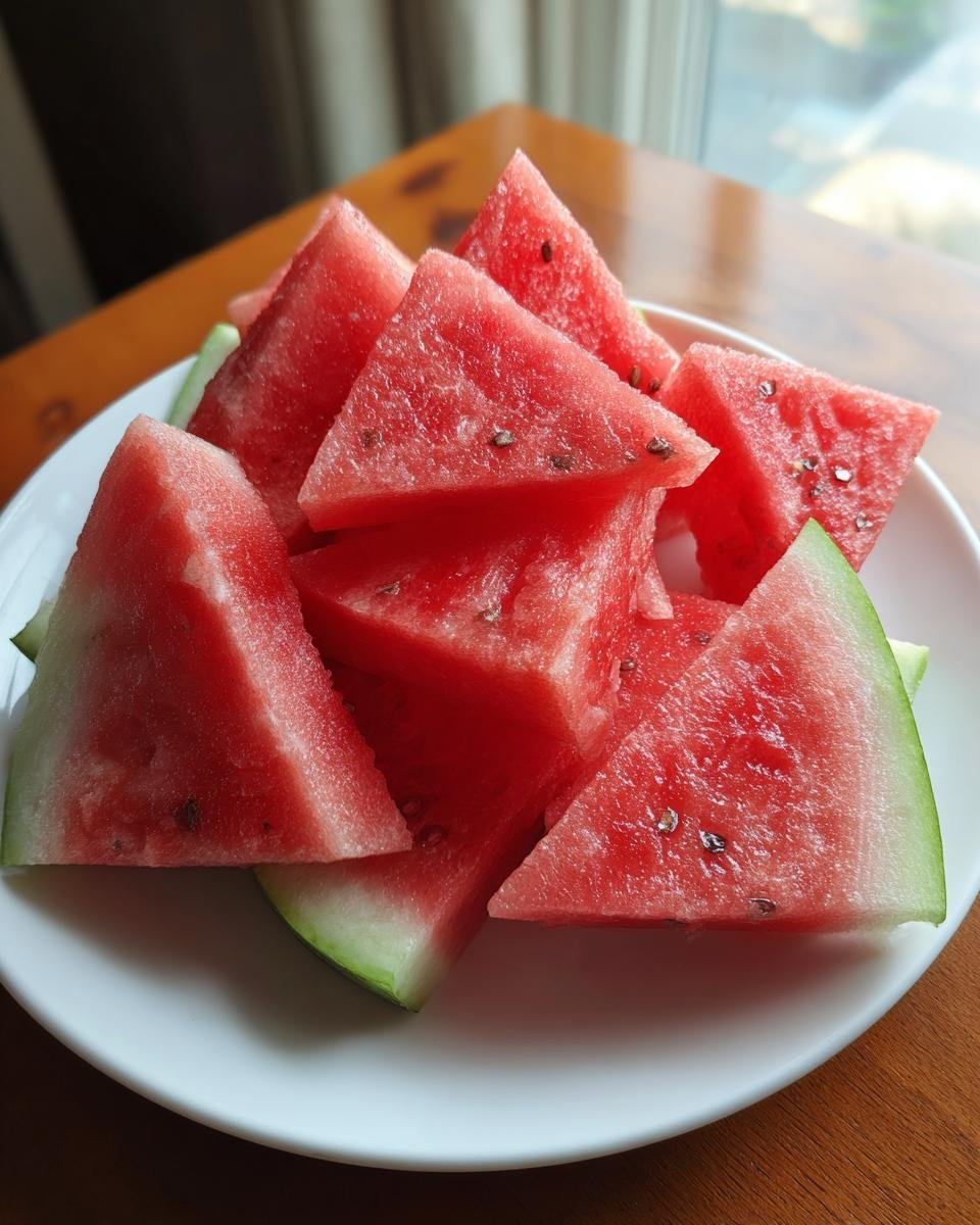 A pile of juicy, red watermelon slices with visible seeds served on a white plate.