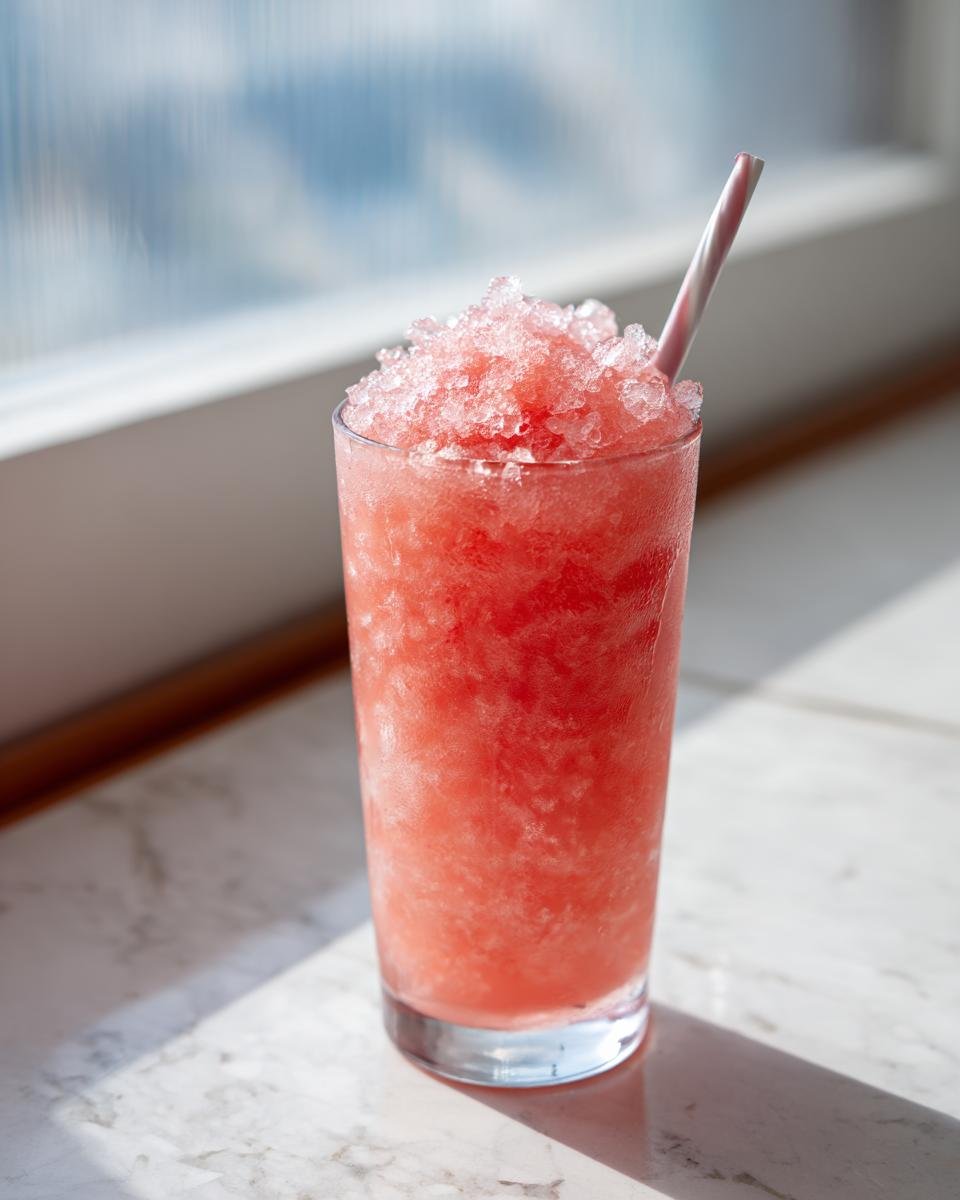 A tall glass filled with a vibrant pink Watermelon Slushie topped with crushed ice and a straw.