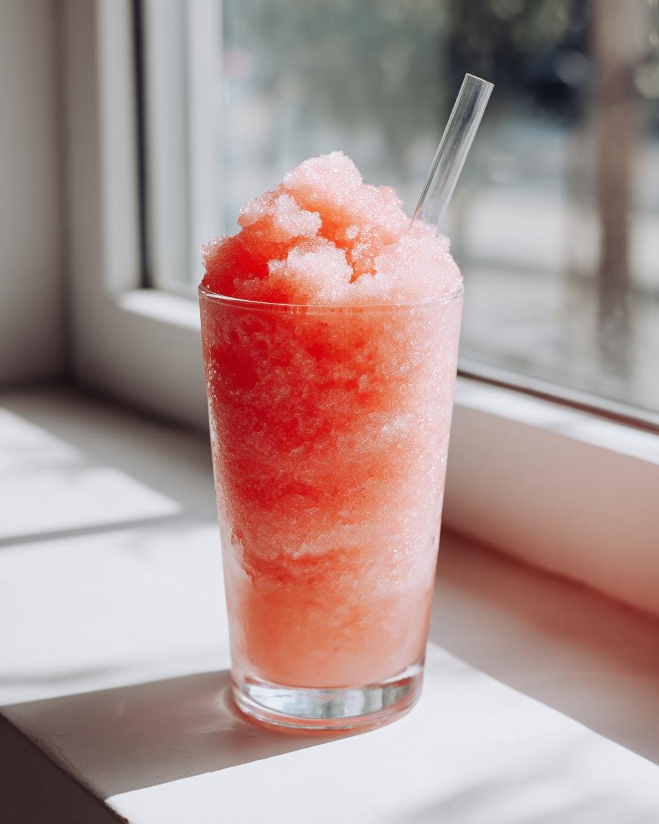 A tall glass filled with a bright pink, icy Watermelon Slushie, sitting on a white windowsill in bright sunlight.
