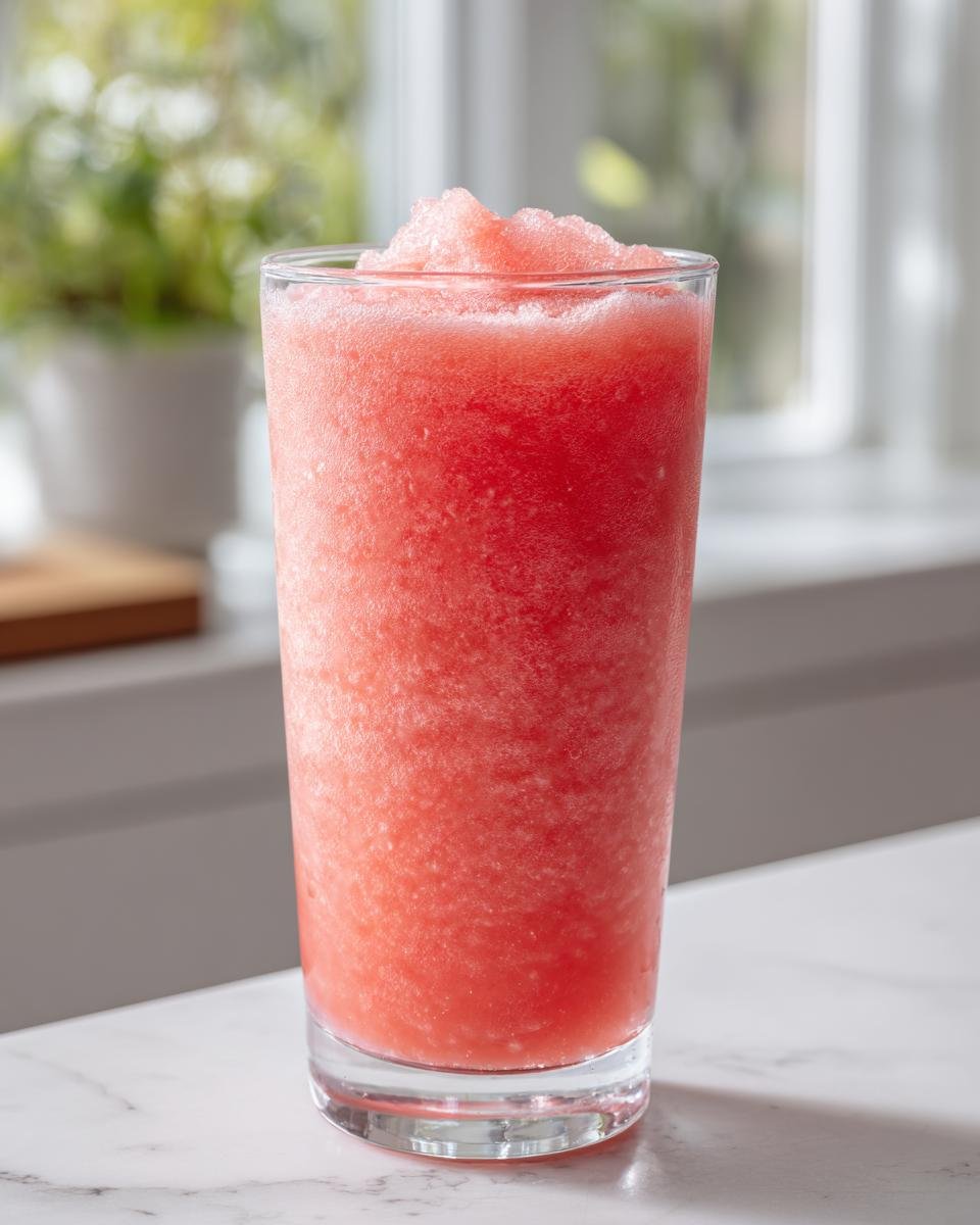 A tall glass filled with a bright pink, icy Watermelon Slushie, set on a white marble counter.