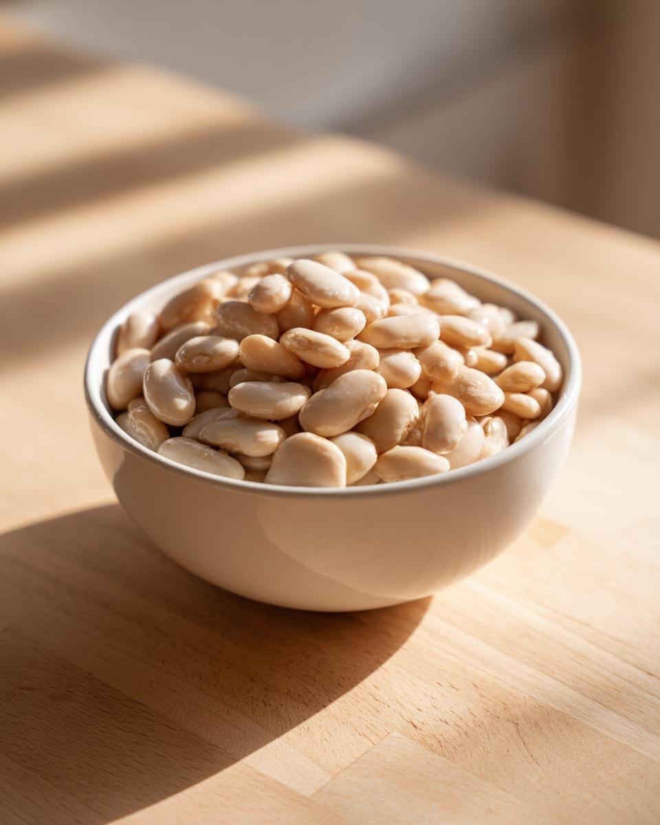 A white bowl filled with cooked white beans, sitting on a light wooden surface with strong sunlight casting shadows.
