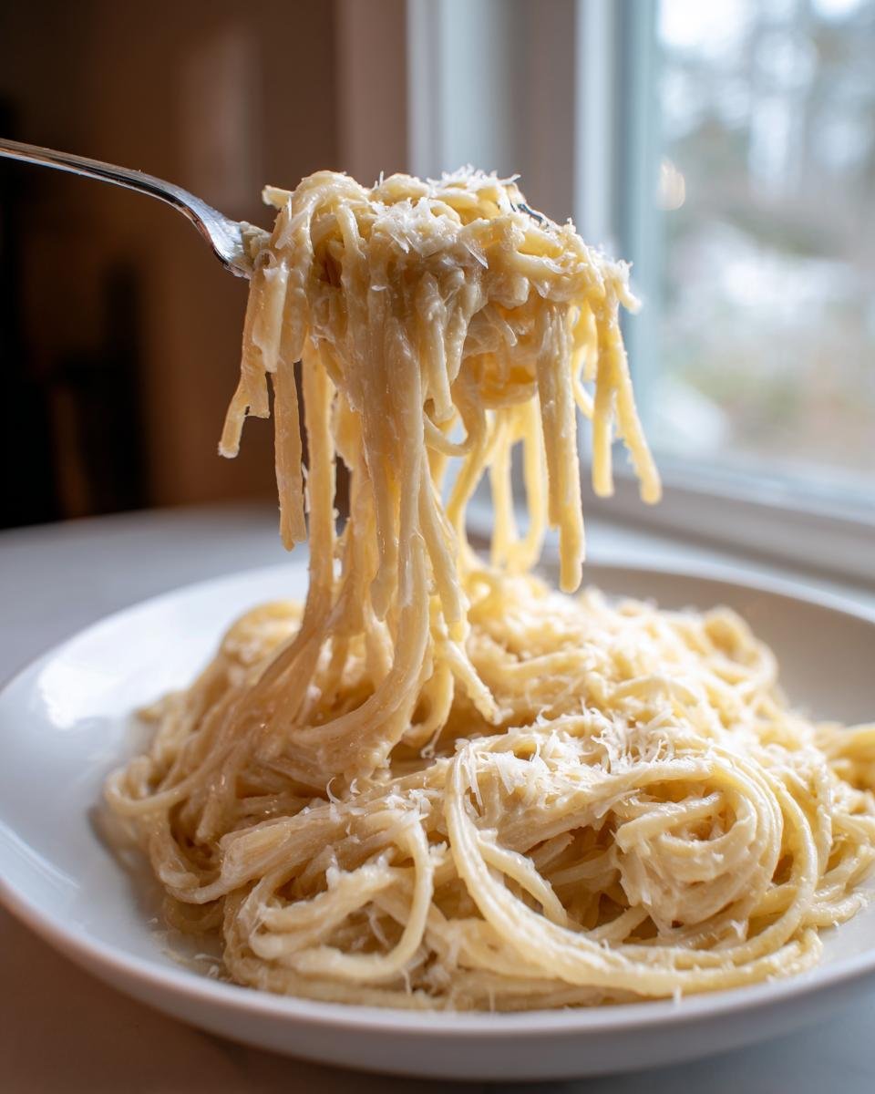 A fork lifting creamy, cheesy strands of 5 Ingredient Garlic Parmesan Pasta from a white bowl.