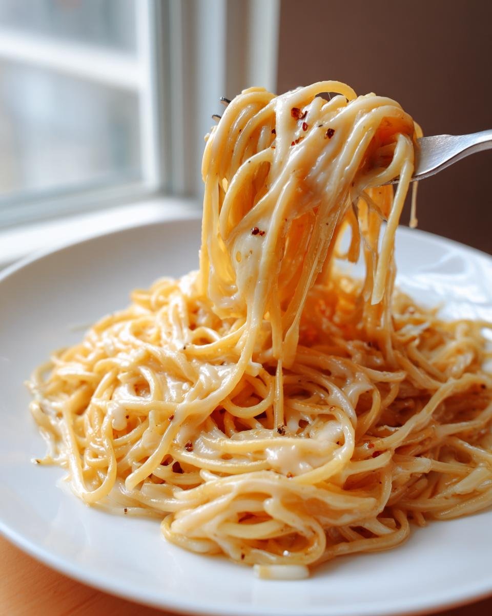 A fork lifting a generous swirl of creamy 5 Ingredient Garlic Parmesan Pasta, showing the cheesy texture and red pepper flakes.