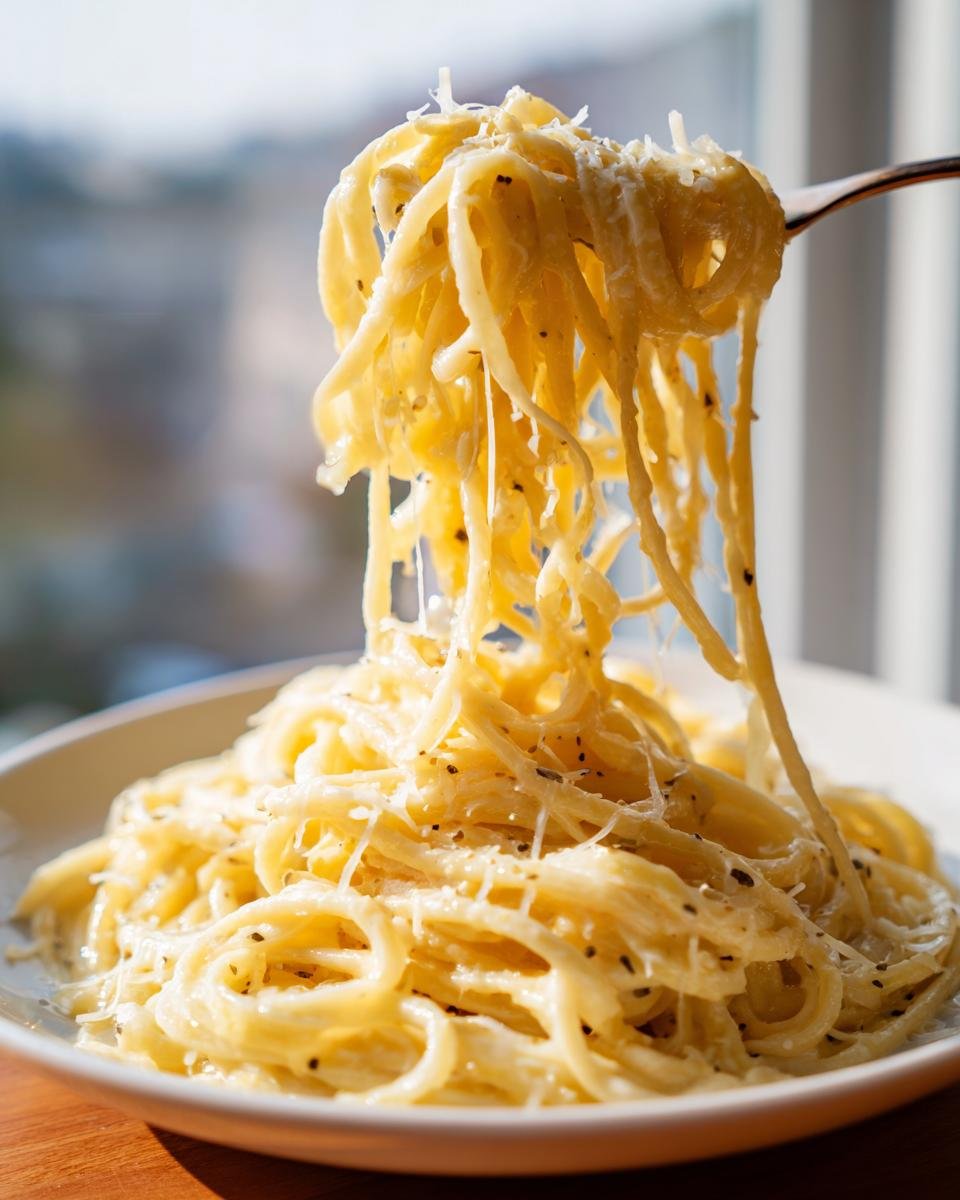 A fork lifts a generous twirl of creamy 5 Ingredient Garlic Parmesan Pasta, topped with grated cheese and pepper.
