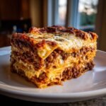 A thick, towering slice of baked Lasagna showing layers of meat sauce and cheese on a white plate.