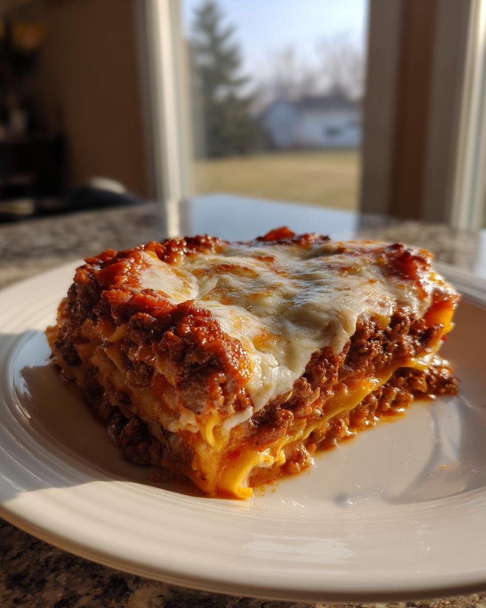 A thick, cheesy slice of homemade Lasagna with rich meat sauce served on a white plate.