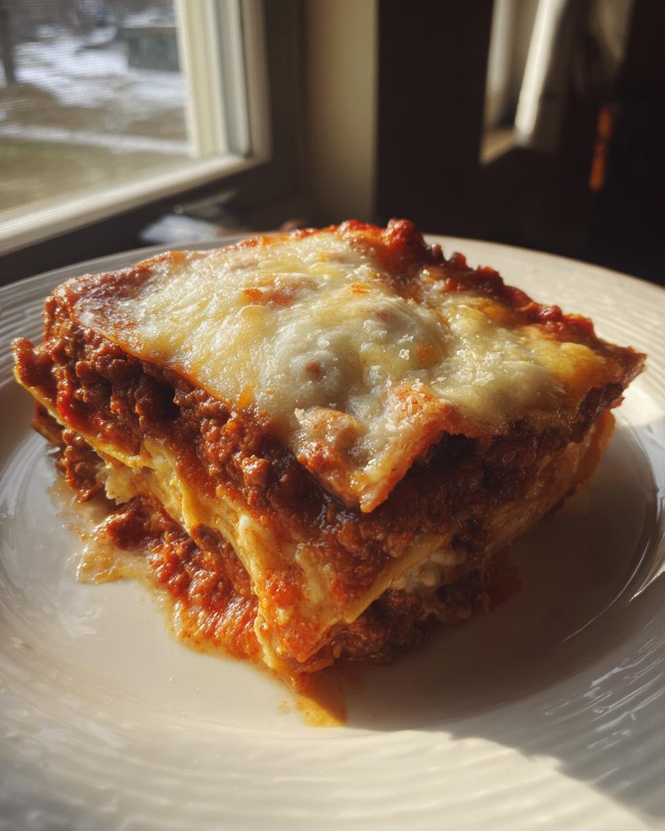 A close-up of a rich, layered slice of Amazing 1-Pan Lasagna with melted cheese topping, served on a white plate.