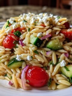 A close-up of a serving of Amazing Orzo Pasta Salad mixed with cherry tomatoes, cucumber, red onion, and topped with feta cheese.
