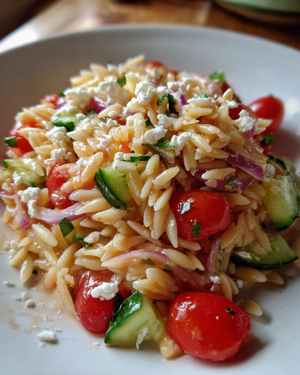Close-up of a vibrant Orzo Pasta Salad featuring cherry tomatoes, cucumber, red onion, and crumbled feta cheese.