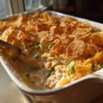 A creamy Tuna Noodle Casserole in a baking dish, topped with crushed cornflakes and peas, with a spoon scooping a portion.