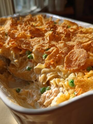 A creamy Tuna Noodle Casserole in a baking dish, topped with crushed cornflakes and peas, with a spoon scooping a portion.