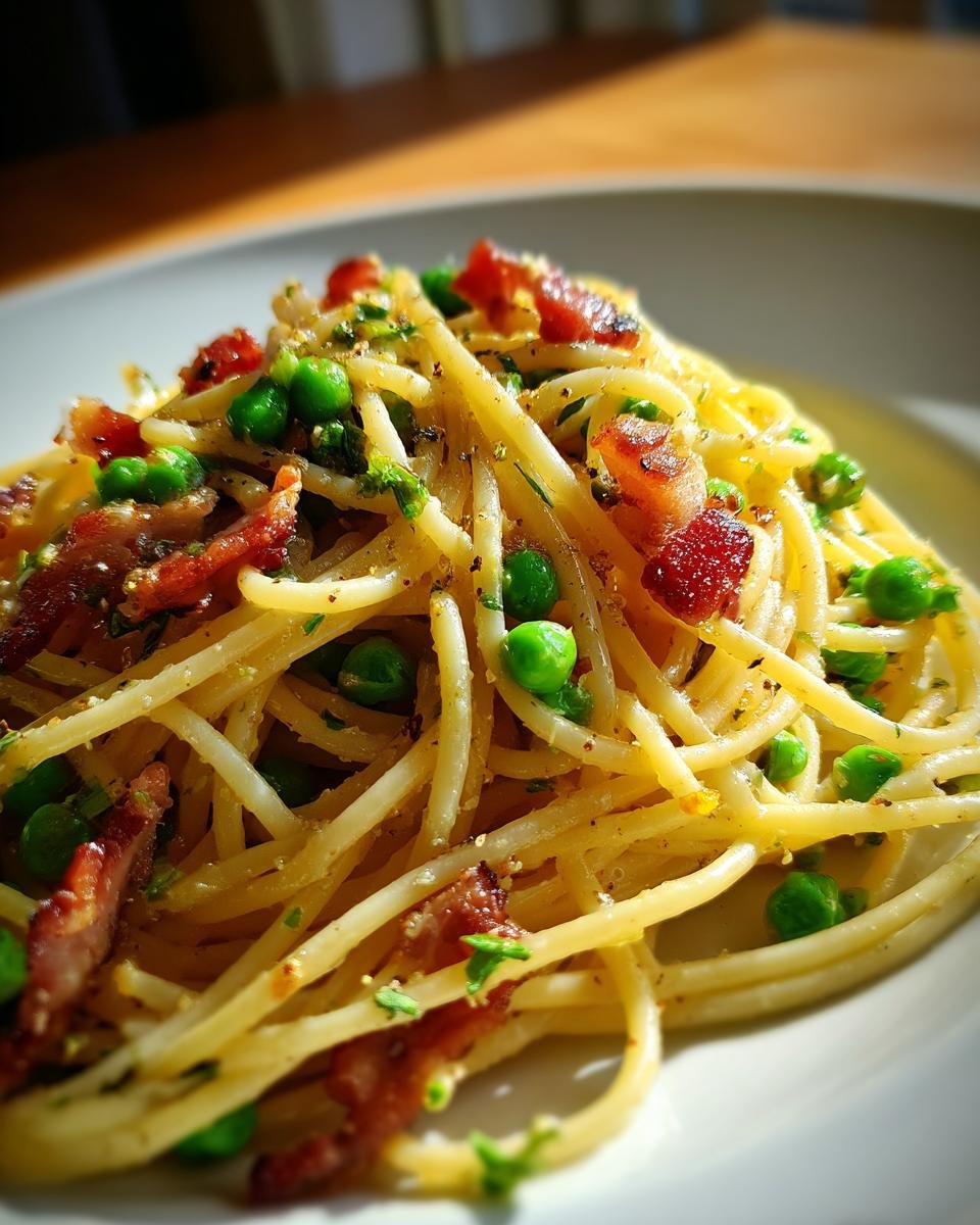 Close-up of a serving of Bacon And Pea Pasta featuring spaghetti, bright green peas, and crispy bacon pieces.