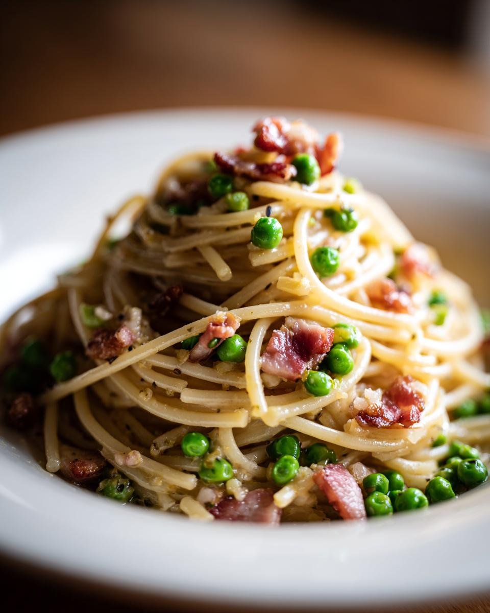 A close-up of a serving of Bacon And Pea Pasta featuring spaghetti tossed with bright green peas and crispy bacon pieces.