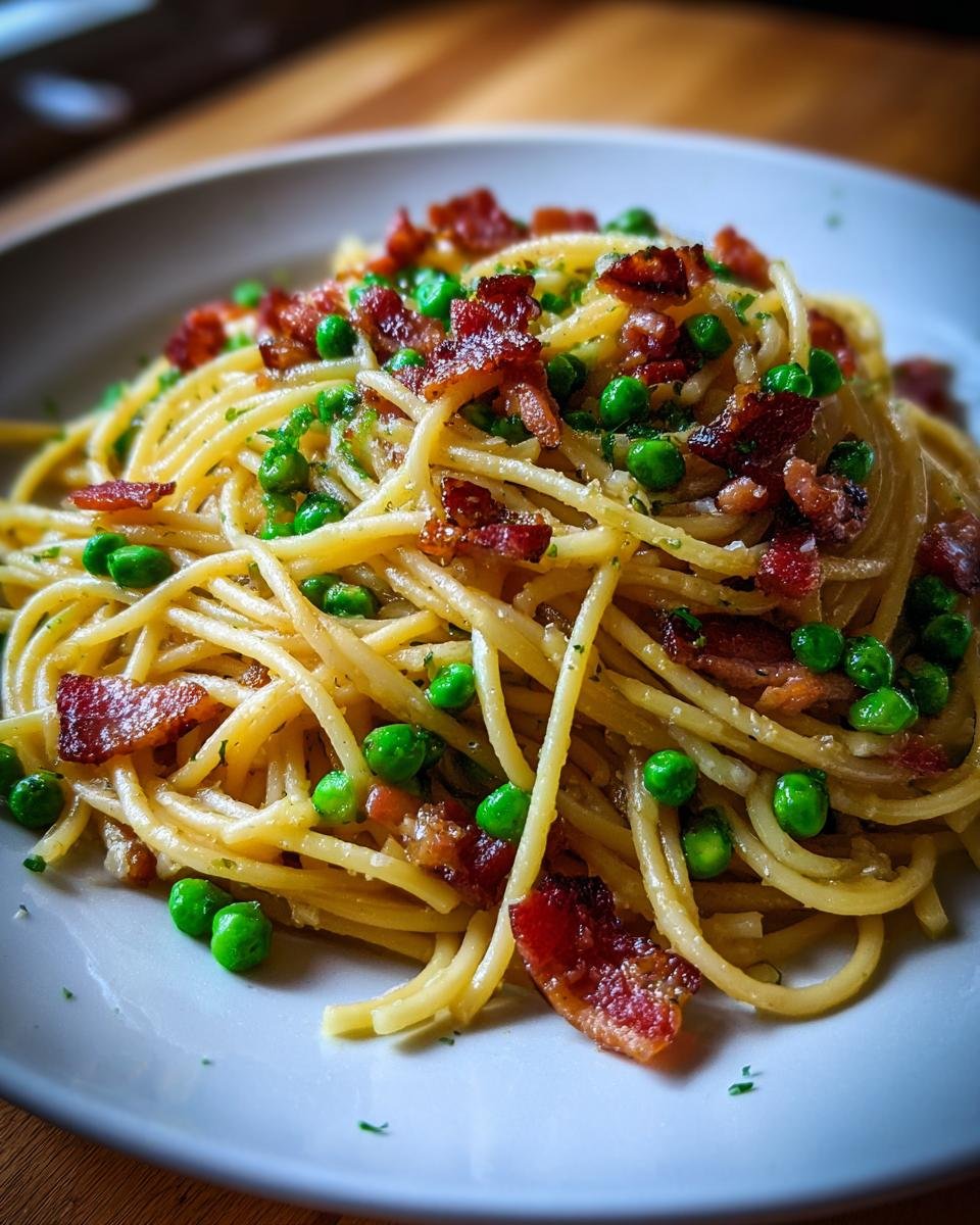 A close-up of a plate piled high with spaghetti featuring crispy bacon pieces and bright green peas, ready to eat Bacon And Pea Pasta.