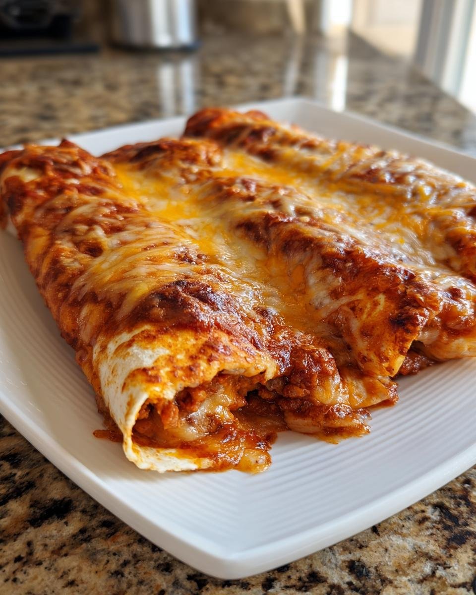 Close-up of three baked Bean And Cheese Enchiladas covered in melted red sauce and shredded cheese.