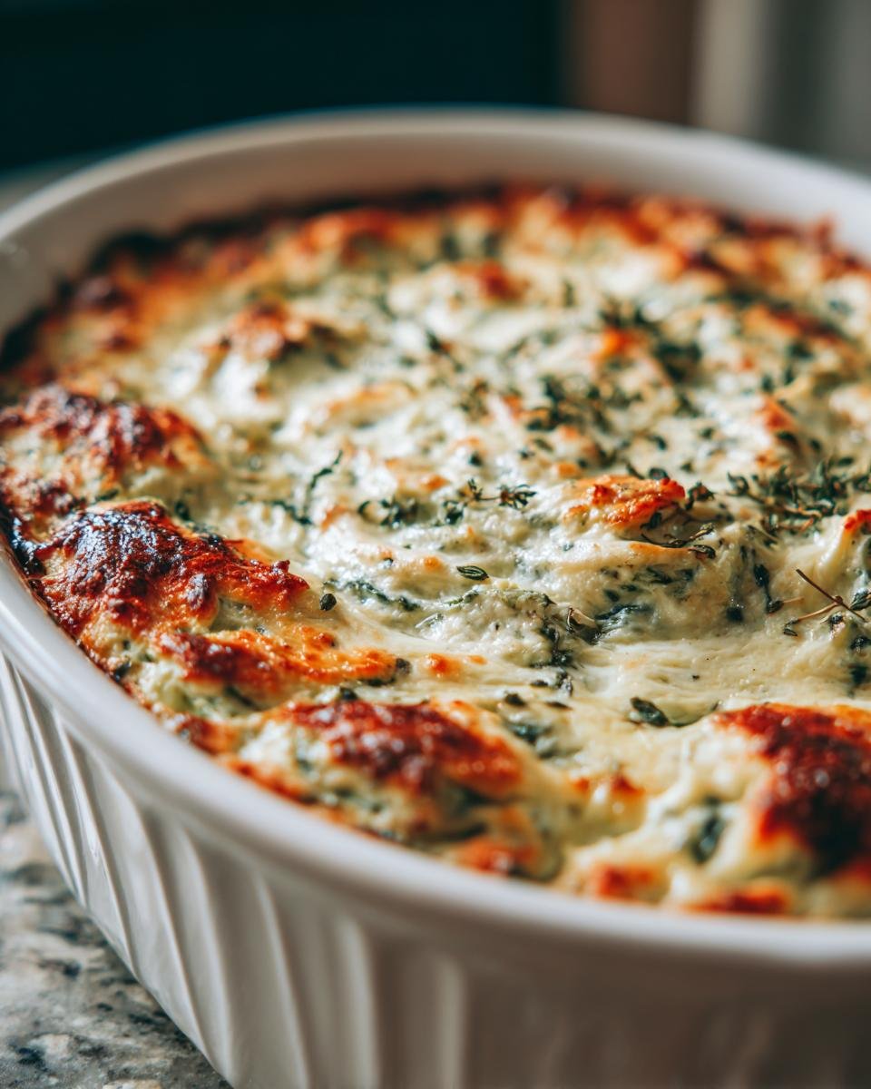Close-up of bubbly, baked Homemade Spinach And Artichoke Dip with a golden-brown cheesy top in a white oval dish.