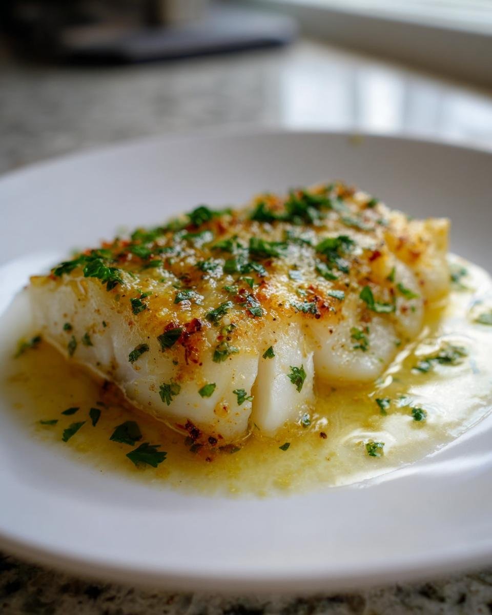 Close-up of flaky Baked Lemon Butter Cod served on a white plate with rich lemon butter sauce and fresh parsley.