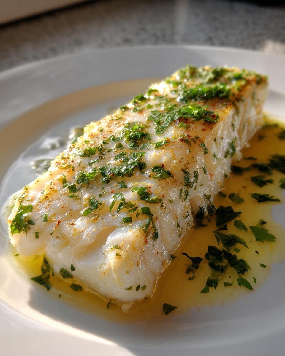 Close-up of a flaky fillet of Baked Lemon Butter Cod swimming in lemon butter sauce and topped with fresh parsley.