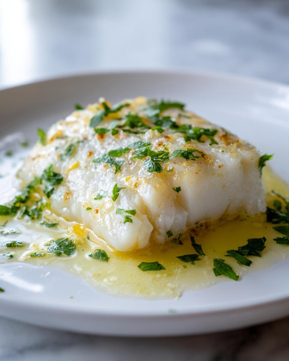 Close-up of a flaky Baked Lemon Butter Cod fillet served on a white plate with melted butter sauce and fresh parsley.