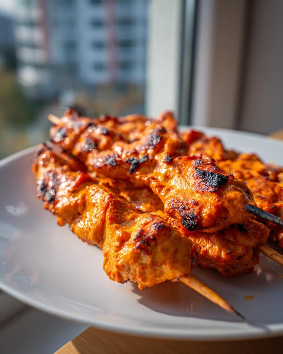 Close-up of juicy, grilled Bang Bang Chicken Skewers coated in an orange sauce, resting on a white plate.