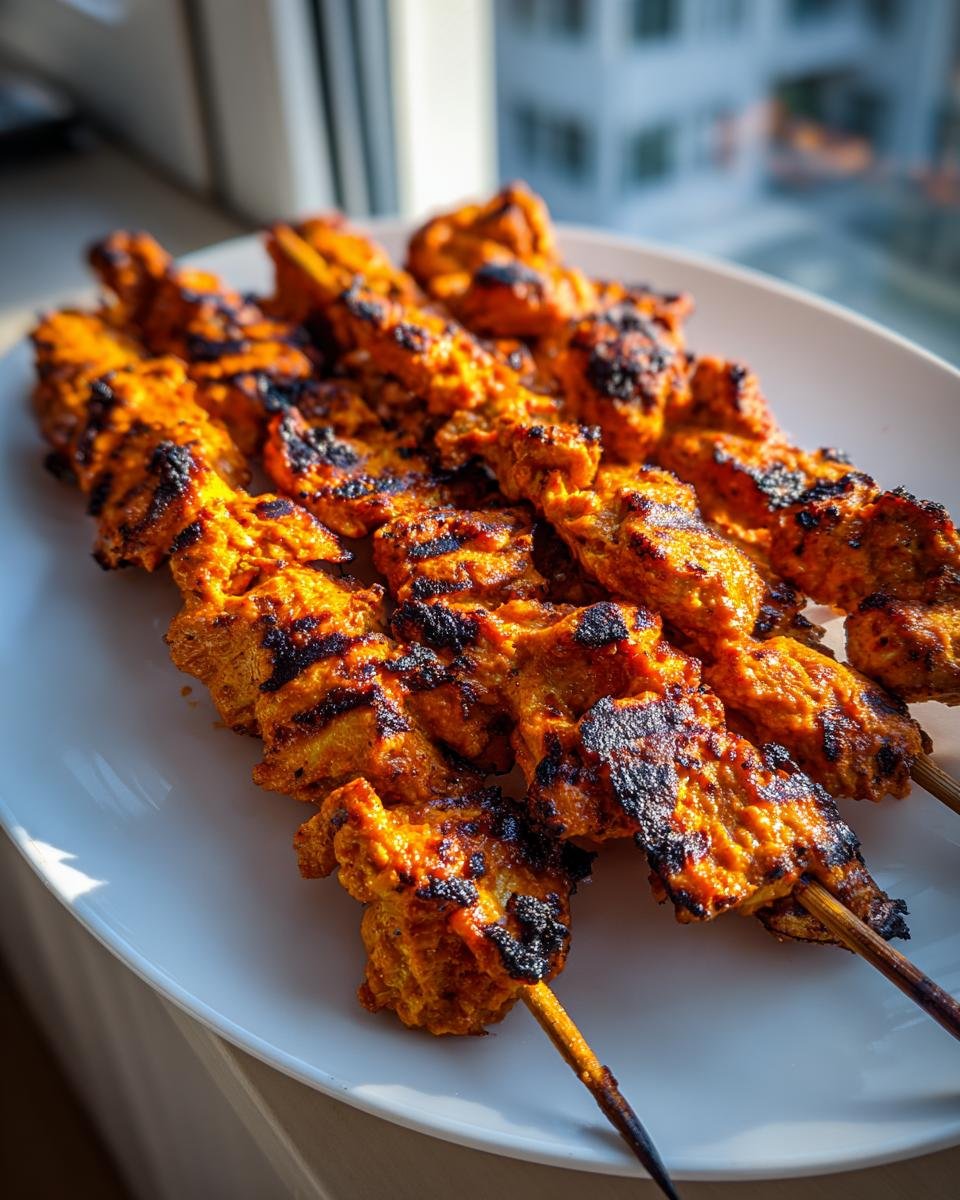 Close-up of several grilled Bang Bang Chicken Skewers with charred edges resting on a white platter.