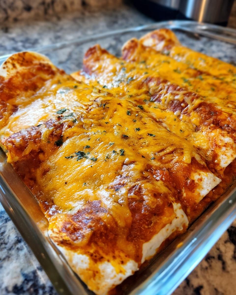 Close-up of freshly baked Bean And Cheese Enchiladas covered in melted cheddar cheese and herbs.
