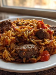 A close-up photo of a serving of Beef Giouvetsi, featuring tender beef chunks mixed with tomato-sauced orzo pasta on a white plate.