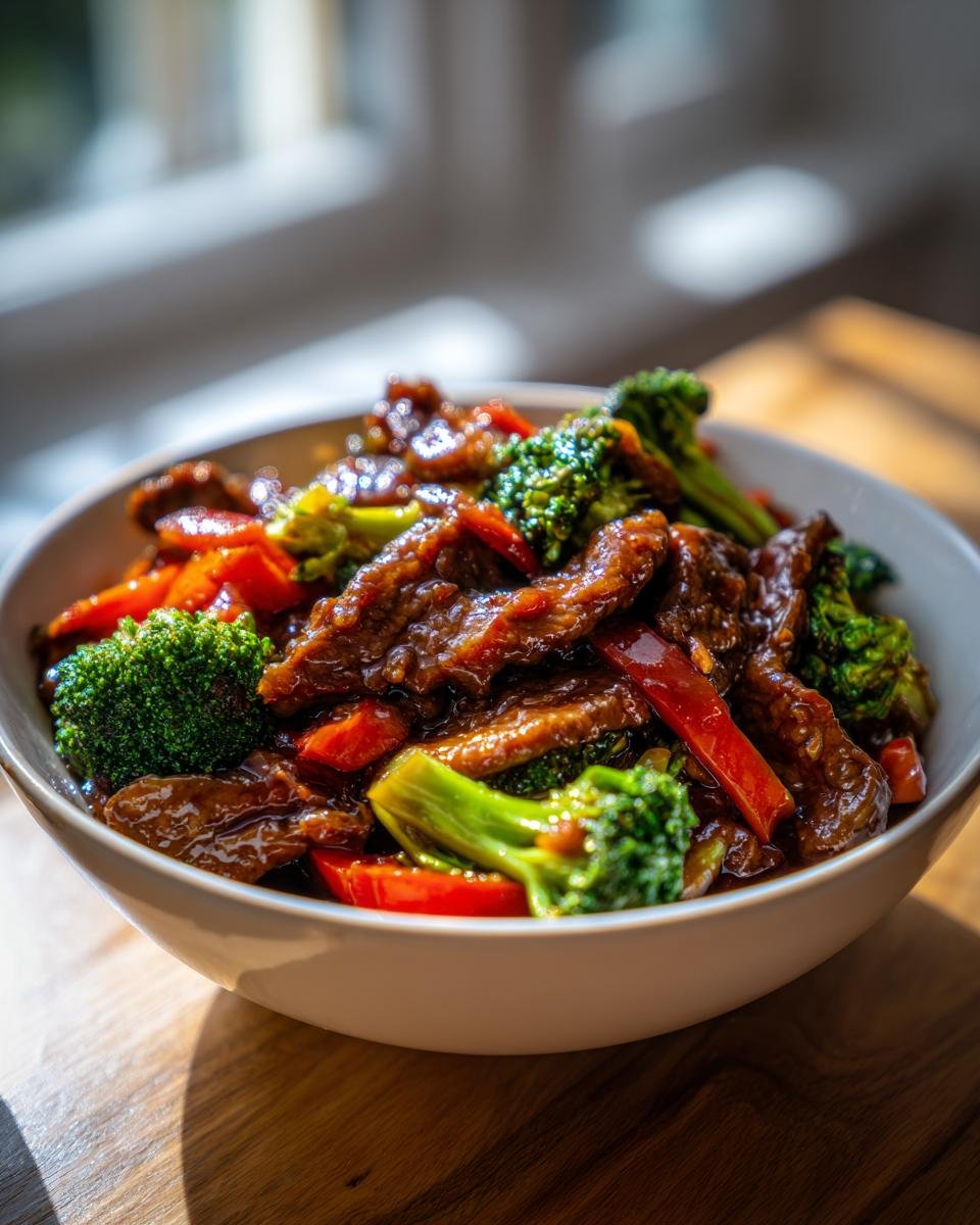 A close-up, brightly lit bowl filled with glossy Beef Stir Fry With Vegetables, featuring tender beef strips, broccoli florets, and red peppers.