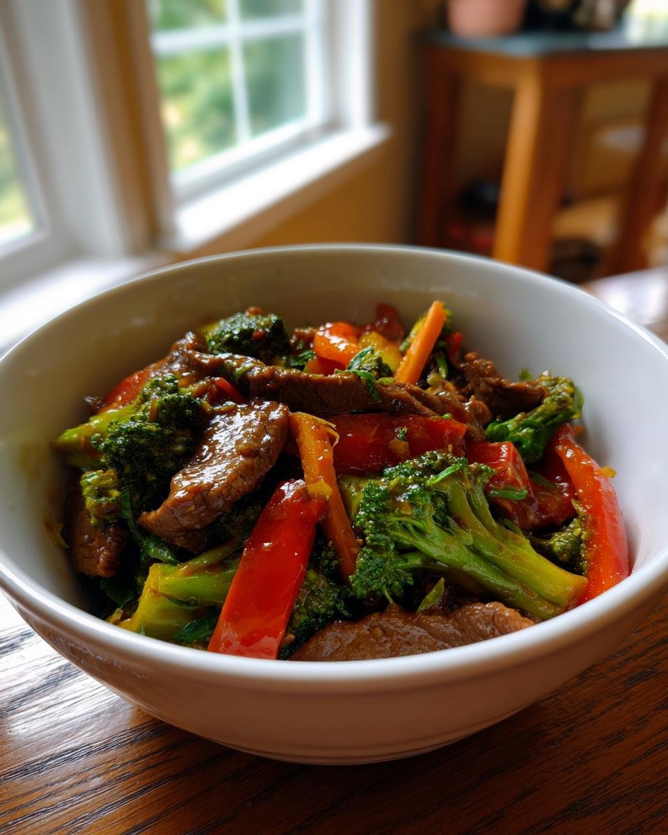 Close-up of a white bowl filled with glossy Beef Stir Fry With Vegetables, featuring beef strips, bright broccoli, and red peppers.
